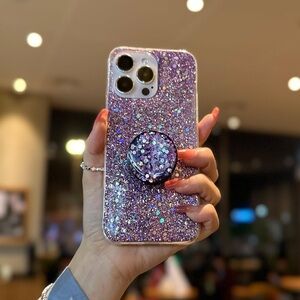 Glitter Sparkle Purple iPhone 14 Pro Case with PopSocket Grip